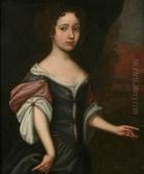 Portrait Of A Young Lady, 
Three-quarter Length, Believed To Be Elizabeth Wentworth, Wearing A Blue
 Dress And Stood Before A Landscape Oil Painting by William Wissing or Wissmig