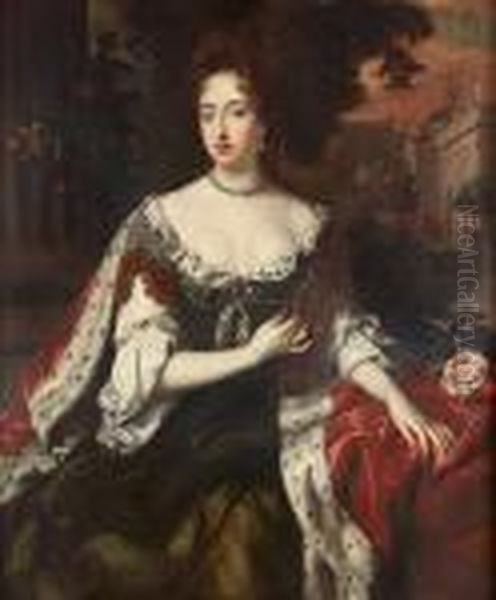 Portrait Of Queen Mary Ii, 
Three-quarter Length In A Dark Green, Lace-edged Dress And An 
Ermine-trimmed Robe, A View To A Palace Beyond Oil Painting by William Wissing or Wissmig