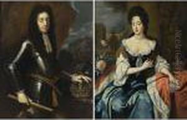 A Portrait Of King William Iii 
(1650-1702), Prince Of Orange, Standing Three-quarter Length, In Full 
Body-armour, Wearing A Wig, Holding A Baton And With His Left Hand On 
His Crown, A Dog In The Foreground; A Portrait Of His Wife Mary Ii 
Stuart (1 Oil Painting by William Wissing or Wissmig
