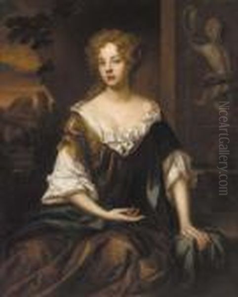 Portrait Of A Lady, 
Three-quarter-length, In An Ochre Dress And Blue Wrap, Beside A 
Fountain, With A Landscape Beyond Oil Painting by William Wissing or Wissmig
