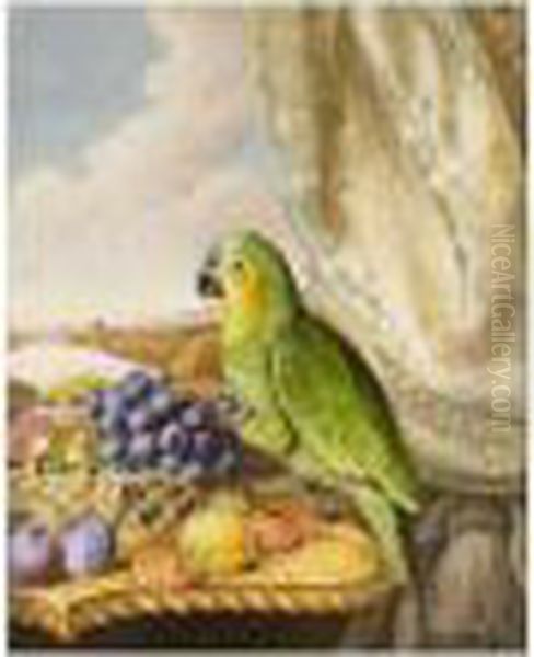A Parrot Eating From A Bowl Of 
Grapes, Plums, Peaches And Strawberries, A River Landscape Beyond Oil Painting by Augusta Innes Withers