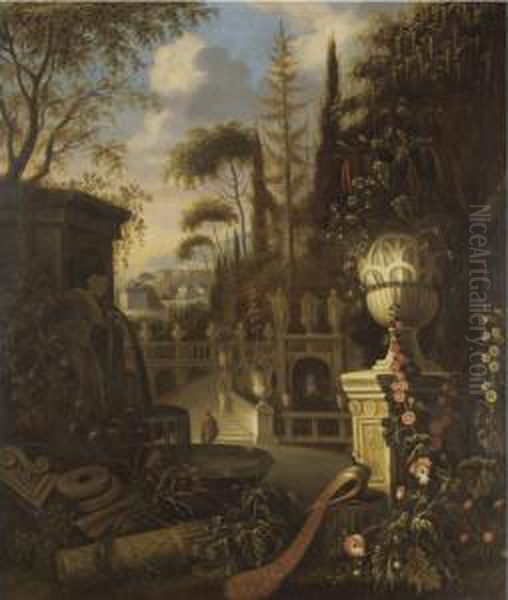 A Parkland Landscape With A 
Peacock Perched Beside Hollyhocks And Morning Glory In The Foreground 
Before A Classical Urn, A Fountain Beyond Oil Painting by Mathias Withoos
