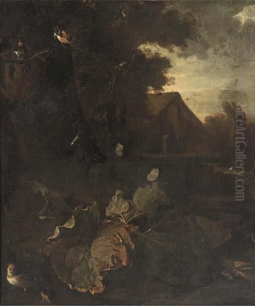 A Forest Floor Still Life With A
 Chaffinch, A Swallow And Otherbirds And Butterflies, A Landscape With A
 Farmhouse Beyond Oil Painting by Mathias Withoos