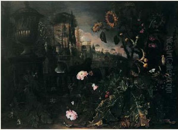 Les Terrasses Fleuries Des Jardins De La Villa D'este Avec Vue Sur
 La Villa Oil Painting by Mathias Withoos