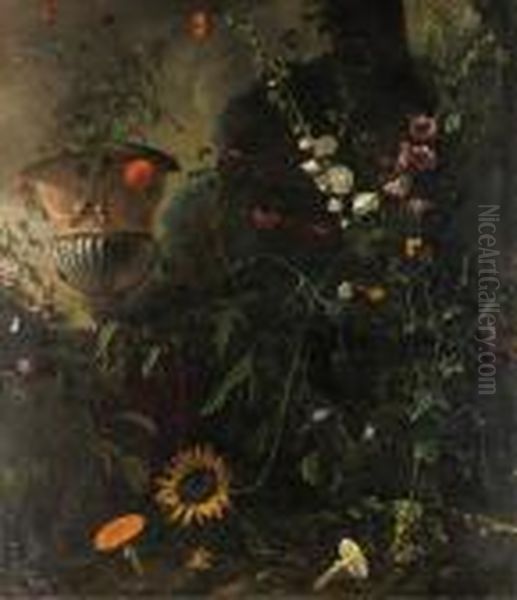 Hollyhocks, Roses, A Blue-lace 
Flower, A Sunflower And Toadstools,with Marigolds In An Urn By A Tree Oil Painting by Mathias Withoos