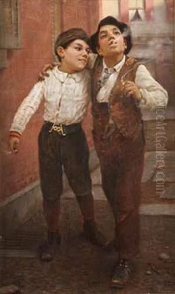 Enfants Fumant Oil Painting by Karl Witkowski
