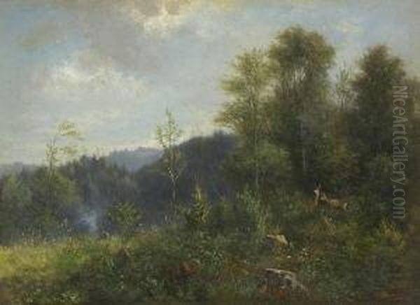 Rehe Auf Der
 Waldlichtung. Oil Painting by Karl Witkowski