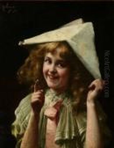. Portrait Of Young Girl With Hat, Signed U.l. And Dated '94 Oil Painting by Karl Witkowski