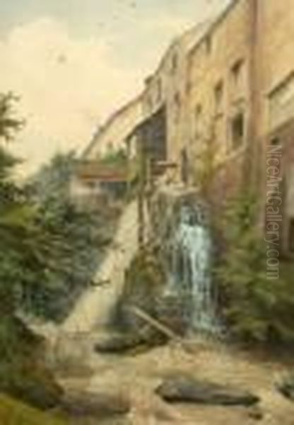 Watermill And Cottages; 
Watercolour, Signed, 57x39cm: European School Early 20th Century- Still 
Life Of Jug, Portrait And Helmet Shell; Watercolour Oil Painting by Edgar Thomas Wood