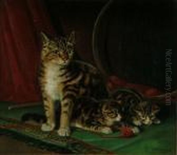 A Tabby With Kittens And A Ball Of Wool Oil Painting by William Arnold Woodhouse