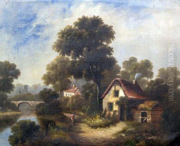 Attributed To Rev. Robert 
Woodley Brown , Cottage Ina Landscape With A Church In The Distance Oil Painting by Robert, Reverend Woodley-Brown