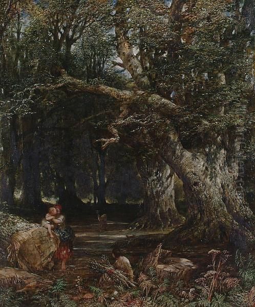 Faggot Gatherers In A Wood. Oil Painting by Alfred Woolmer