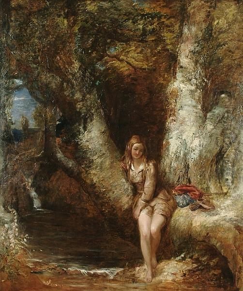 A Girl Seated Beside A Woodland Pool Oil Painting by Alfred Woolmer