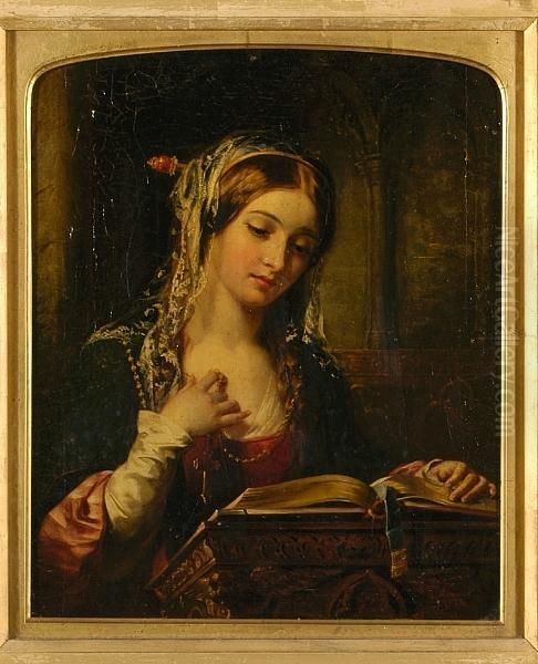 A Young Lady Reading At A Lectern Oil Painting by Alfred Woolmer