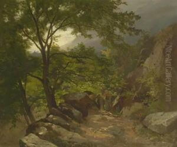 Zwei Bauerinnen Mit Tragekorben
 Auf Dem Weg Im Gebirgstal. Oil Painting by Josef Wopfner