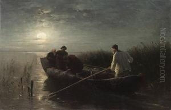 Ausfahrende
 Bodenseefischer Oil Painting by Josef Wopfner