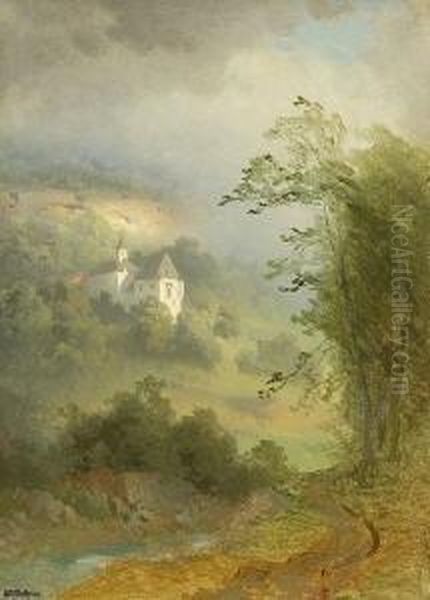 Landschaftsstudie Bei
 Nebelstimmung. Oil Painting by Josef Wopfner