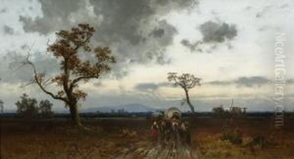 Abendlandschaft Mit
 Planwagen. Oil Painting by Josef Wopfner