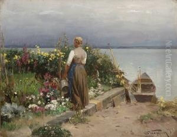 Im Blumengarten Auf Der
 Fraueninsel. Oil Painting by Josef Wopfner