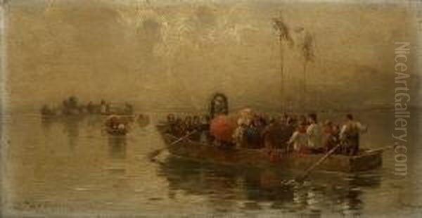 Bittprozession Auf Dem
 Chiemsee. Oil Painting by Josef Wopfner