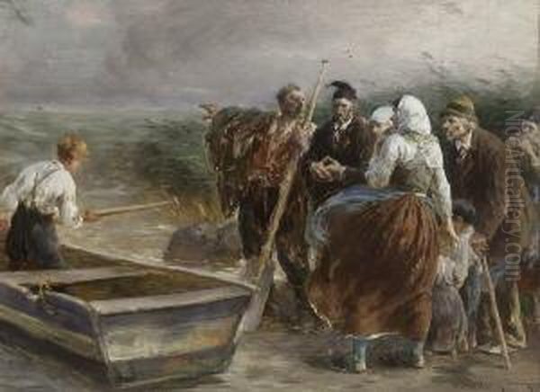 Zu Hilfe - Sturm Am
 Chiemsee. Oil Painting by Josef Wopfner