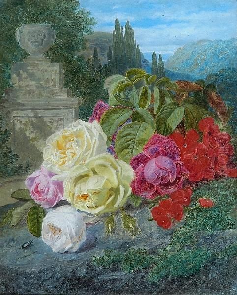 A Still Life Of Flowers Against A Landscape Background Oil Painting by Thomas Worsey