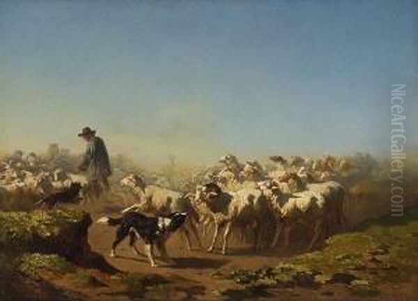 Schafer Mit Herde Und Hunden Auf
 Der Weide. Oil Painting by Edouard Woutermaertens
