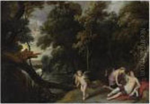 A Forest Landscape With Jupiter,
 Disguised As Diana, Bending Overthe Reclining Callisto, An Eagle And 
Cupid Nearby Oil Painting by Frans Wouters