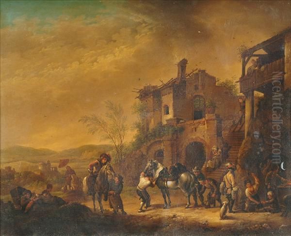 Figures Andhorses In A Barn; 
Figures And Horses Before Ruins Each Processprints On Copper Oil Painting by Jan Wouwerman