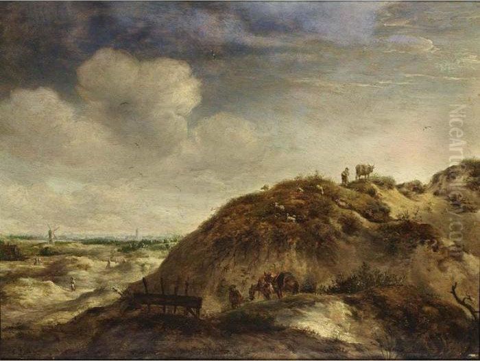 A Dune Landscape With A 
Traveller And Two Donkeys On A Path, A Shepherd And His Herd, Together 
With Other Figures, A City In The Distance Oil Painting by Jan Wouwerman