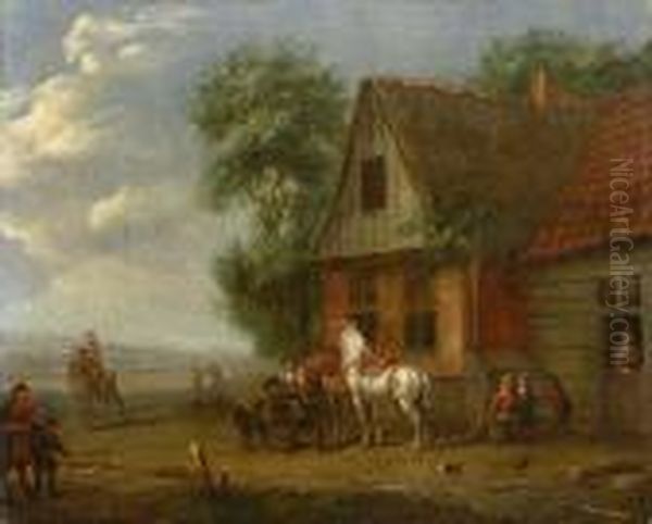 Pferde Vor Einer Schanke Oil Painting by Pieter Wouwermans or Wouwerman