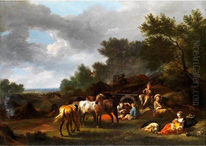 Pferdegruppe Vor Kanonen, 
Kanonieren Und Landleuten Mit Kindern In Hugeliger Baumlandschaft Oil Painting by Pieter Wouwermans or Wouwerman