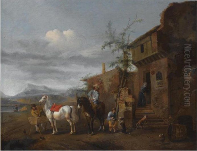 Two Horsemen Halting Outside An 
Inn, A Young Boy Playing With Adog, An Angler At A Lake In The Distance Oil Painting by Pieter Wouwermans or Wouwerman