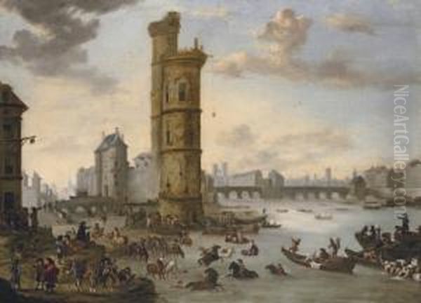 Horsemen Bathing Their Mounts At
 The Tour De Nesle With The Porte De Nesle And The Pont-neuf Beyond, 
Paris Oil Painting by Pieter Wouwermans or Wouwerman