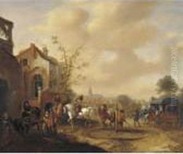 A Party Of Horsemen Arriving At A House With A Coach Passing By Towards A Town Oil Painting by Pieter Wouwermans or Wouwerman