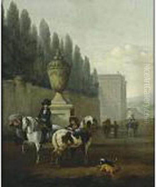 A Landscape With Two Horsemen 
And Two Dogs Near A Walled Garden, Other Horsemen In The Background Near
 A Palace Oil Painting by Pieter Wouwermans or Wouwerman