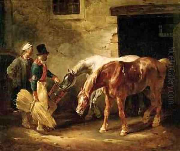 Two Post Horses at the Door of a Stable Oil Painting by Theodore Gericault