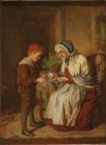 Mending The Violin; Winding 
Wool; Interior Studies Of Grandparents And Their Grandchildren Oil Painting by Robert W. Wright
