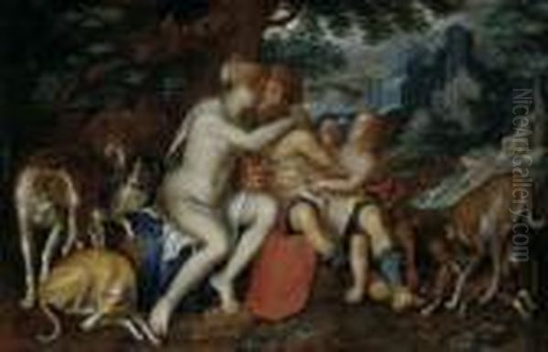 Venus Und Adonis Mit Amor. Im Hintergrund Adonis Im Kampf Gegen Den Wilden Eber. Oil Painting by Peter Wtewael