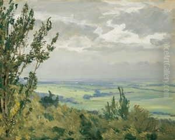 Vortaunuslandschaft. Signiert 
Und Datiert Unten Rechts: F. Wucherer/2...24. Ol Auf Karton. H 46; B 58 
Cm. Verso Bildtitel Und Adresse Des Kunstlers In Kronberg. Oil Painting by Fritz Wucherer