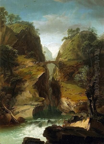 A Gorge In A Rocky Landscape 
With A Waterfall And A Fisherman In The Foreground, Travellers Crossing A
 Bridge Beyond Oil Painting by Heinrich Wust