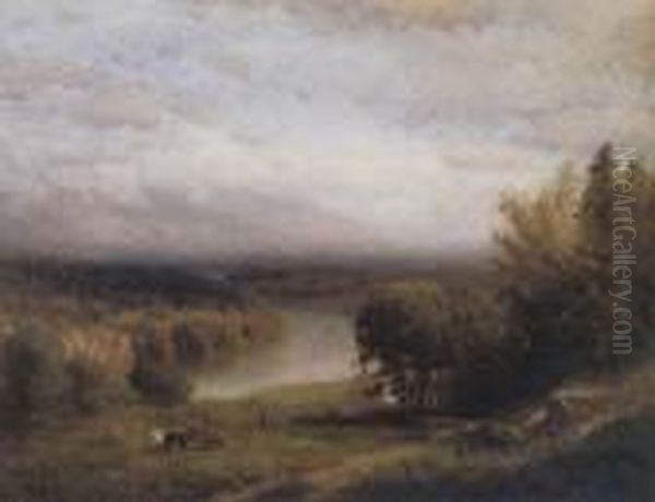 Farmhouse In A River Valley Oil Painting by Alexander Helwig Wyant
