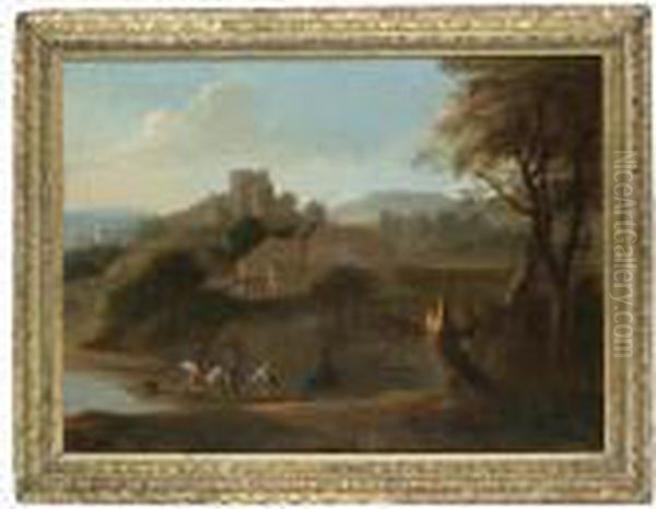 An Italianate Riverlandscape 
With Cavalrymen On A Boat In The Foreground, A Fortified Town On A 
Hilltop Beyond Oil Painting by Jan Wyck