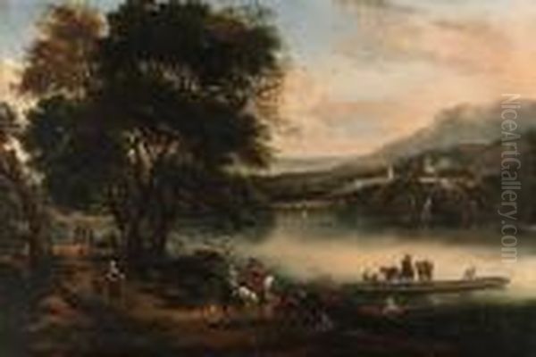 A River Landscape With An 
Elegant Couple On Horseback By A Ferry, Afortress And Town Beyond Oil Painting by Jan Wyck