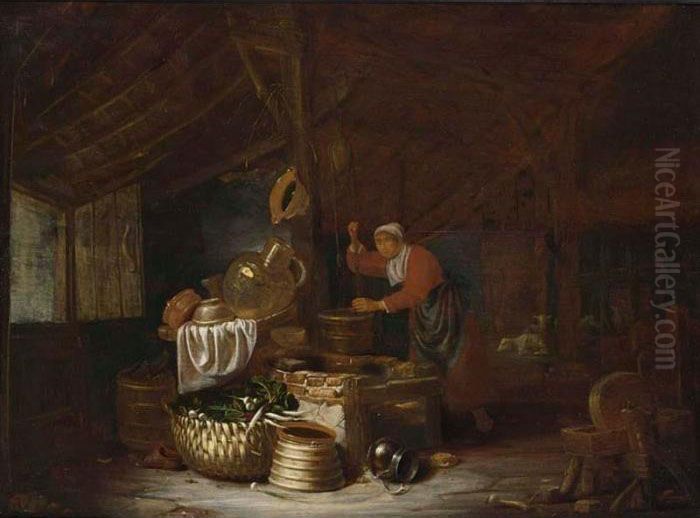An Interior Of A Barn With A 
Maid Drawing Water From A Well, Near A Still Life Of A Copper Bowl, 
Earthenware Pots, A Barrel And Onions And Parsnips In A Basket, Sheep 
Beyond Oil Painting by Dirck Wyntrack
