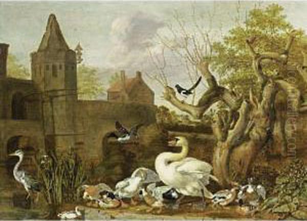 A Castle Moat With A Swan, 
Various Ducks And A Heron In The Foreground, And A Magpie In A Tree Oil Painting by Dirck Wyntrack