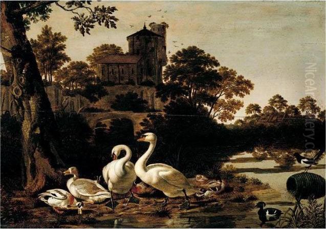 A River Landscape With Swans, 
Geese, Mallard, Tufted Duck And A Magpie, A Church On A Hill-top Beyond Oil Painting by Dirck Wyntrack