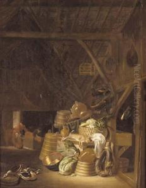 A Barn Interior With A Basket Of
 Vegetables, A Dead Hare, Cabbages, Pots And Pans And A Jug On A Table, 
With A Horse Tethered In A Byre, Ducks Feeding And A Mother And Children
 With A Calf Beyond Oil Painting by Dirck Wyntrack