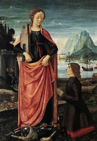 St Barbara Crushing her Infidel Father, with a Kneeling Donor c. 1473 Oil Painting by Ghirlandaio Domenico