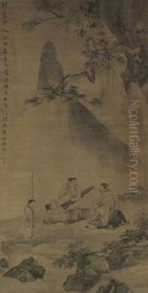 Playing Qin In Autumn Oil Painting by Hua Yan
